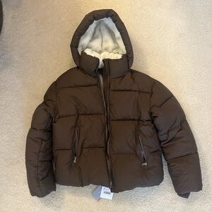 Dark Brown Puffer Jacket with Fleece-Lined Hood